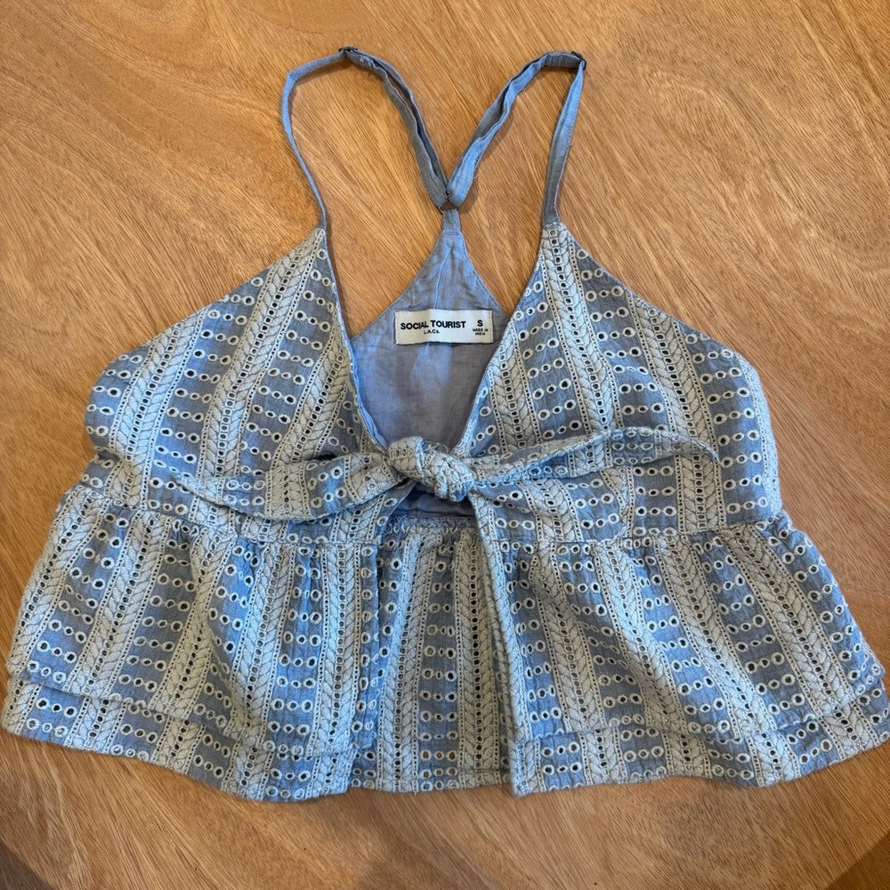 Social Tourist Women's Light Blue Eyelet Tank Top